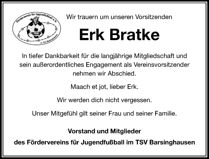  Traueranzeige für Erk Bratke vom 06.11.2019 aus Hannoversche Allgemeine Zeitung/Neue Presse