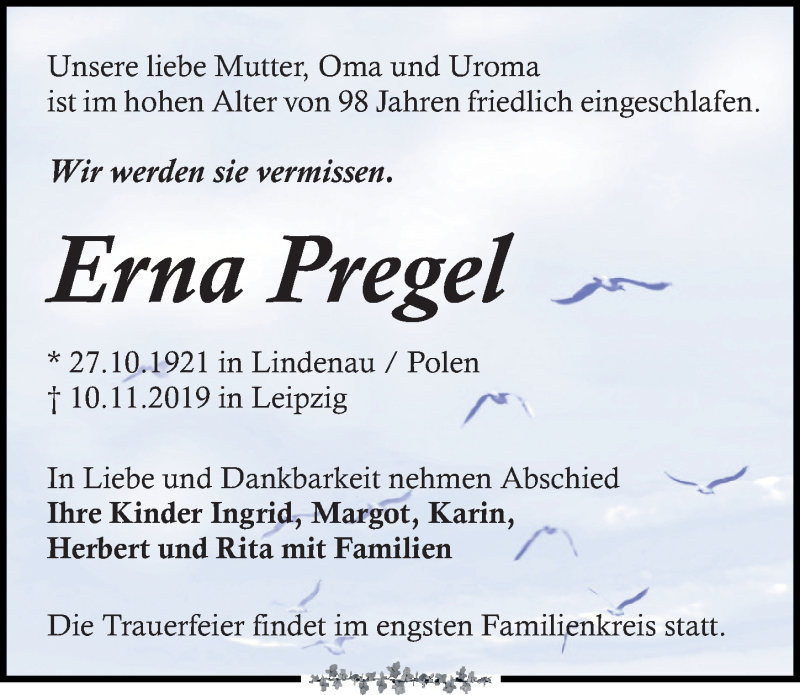  Traueranzeige für Erna Pregel vom 23.11.2019 aus Leipziger Volkszeitung