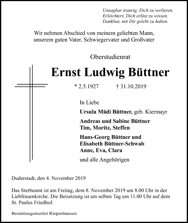  Traueranzeige für Ernst Ludwig Büttner vom 05.11.2019 aus Eichsfelder Tageblatt