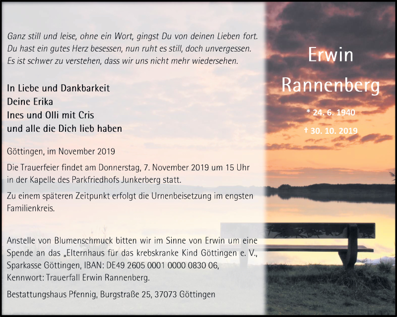  Traueranzeige für Erwin Rannenberg vom 02.11.2019 aus Göttinger Tageblatt