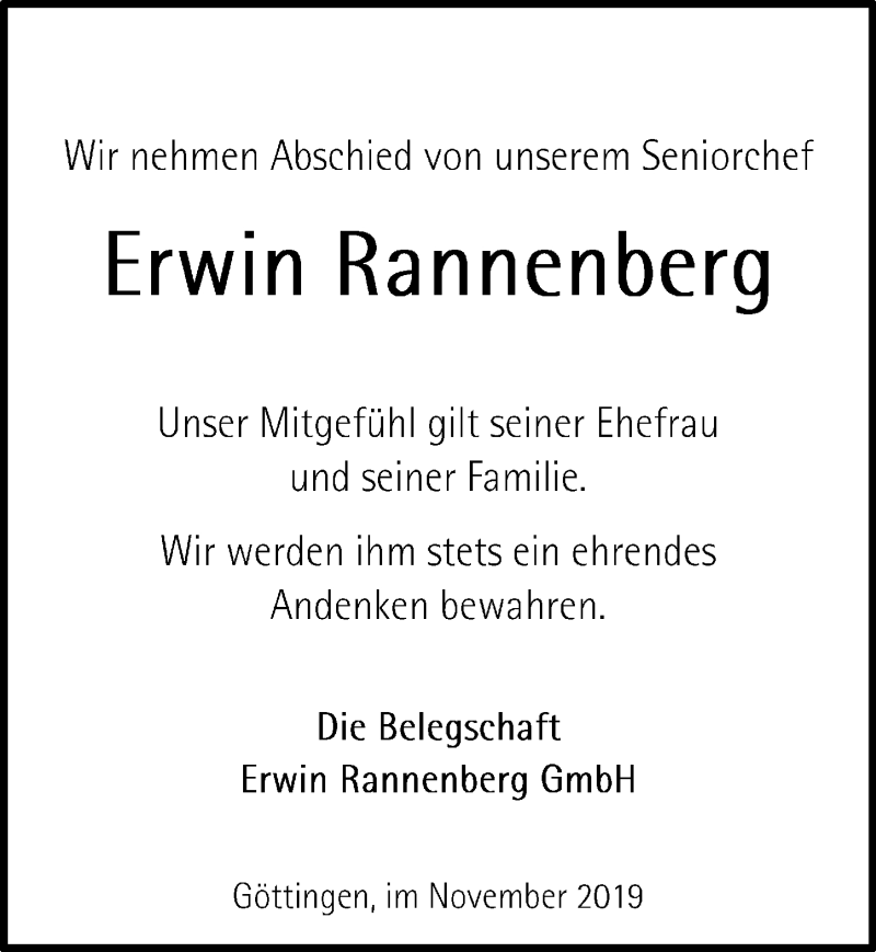  Traueranzeige für Erwin Rannenberg vom 02.11.2019 aus Göttinger Tageblatt