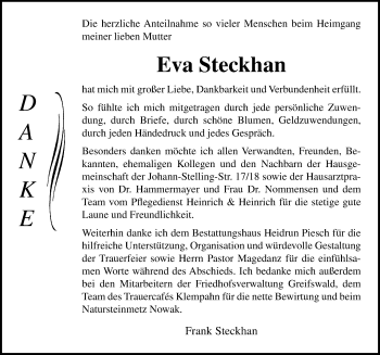 Traueranzeige von Eva Steckhan von Ostsee-Zeitung GmbH