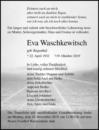 Traueranzeige von Eva Waschkewitsch von Ostsee-Zeitung GmbH