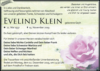 Traueranzeige von Evelind Klein von Leipziger Volkszeitung