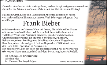 Traueranzeige von Frank Bieber von Leipziger Volkszeitung