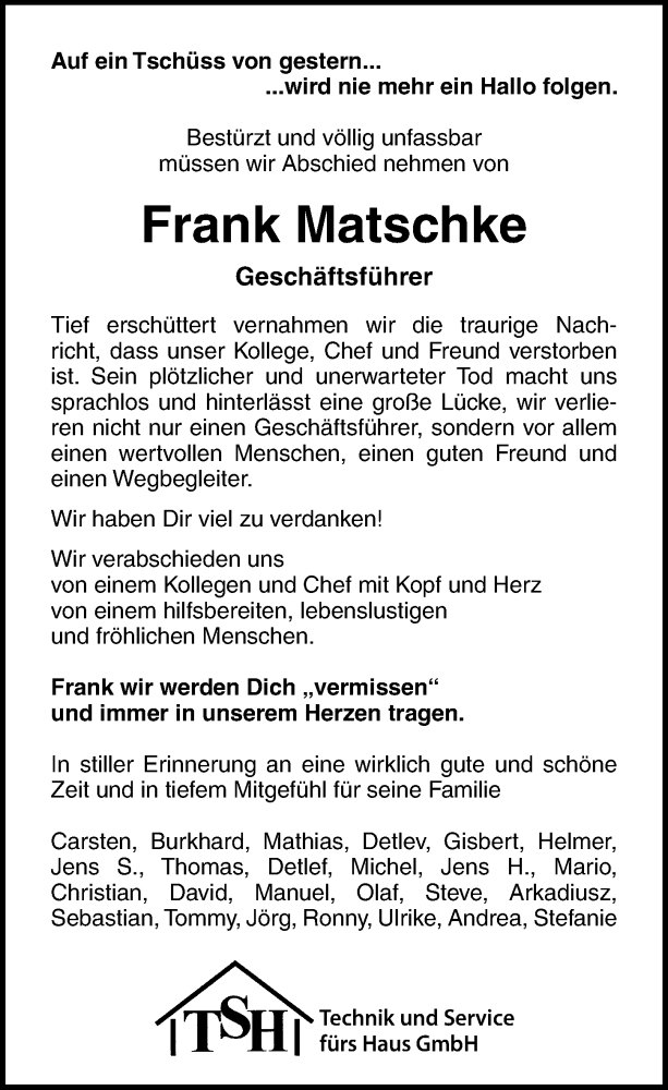  Traueranzeige für Frank Matschke vom 23.11.2019 aus Ostsee-Zeitung GmbH