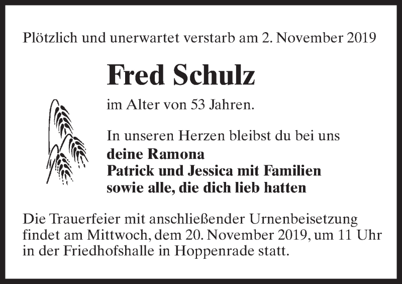  Traueranzeige für Fred Schulz vom 09.11.2019 aus Märkischen Allgemeine Zeitung