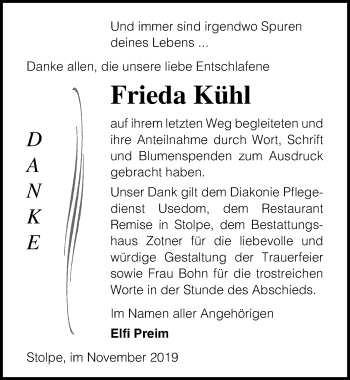 Traueranzeige von Frieda Kühl von Ostsee-Zeitung GmbH