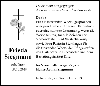 Traueranzeige von Frieda Siegmann von Göttinger Tageblatt