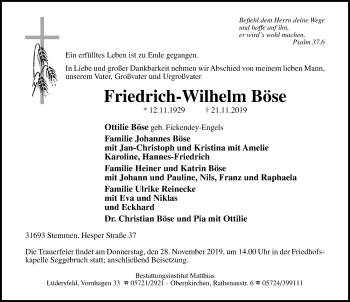 Traueranzeige von Friedrich-Wilhelm Böse von Schaumburger Nachrichten