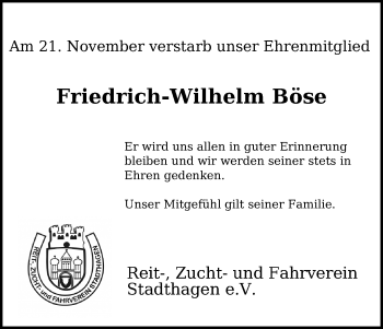 Traueranzeige von Friedrich-Wilhelm Böse von Schaumburger Nachrichten