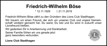 Traueranzeige von Friedrich-Wilhelm Böse von Schaumburger Nachrichten