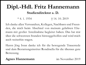 Traueranzeige von Fritz Hannemann von Lübecker Nachrichten