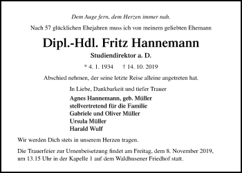 Traueranzeige von Fritz Hannemann von Lübecker Nachrichten