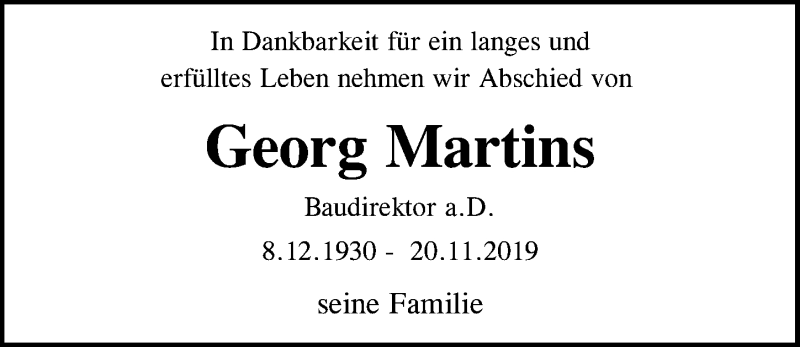  Traueranzeige für Georg Martins vom 23.11.2019 aus Hannoversche Allgemeine Zeitung/Neue Presse