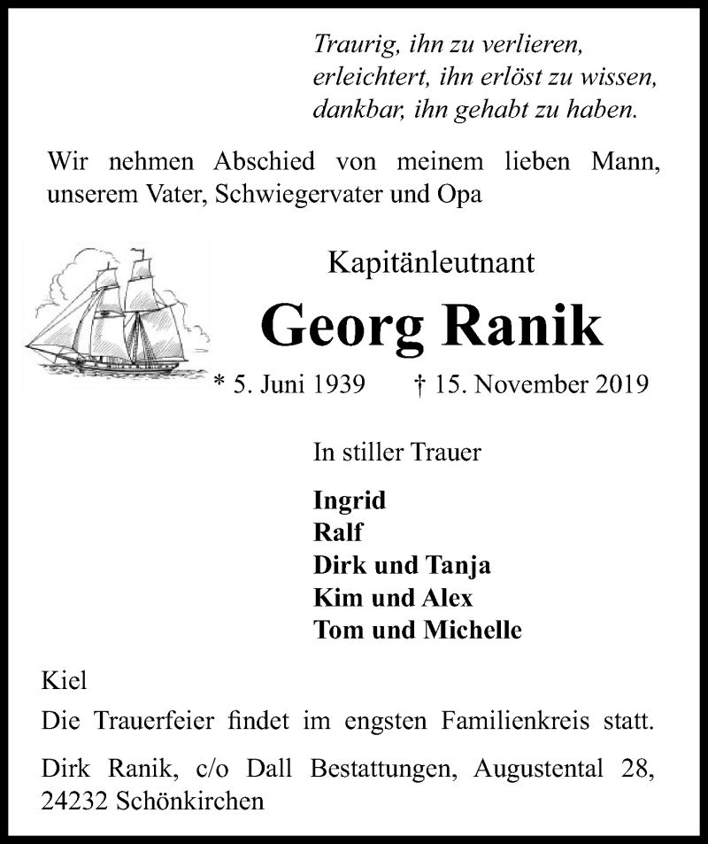  Traueranzeige für Georg Ranik vom 23.11.2019 aus Kieler Nachrichten