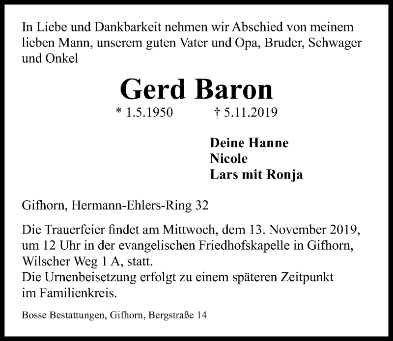  Traueranzeige für Gerd Baron vom 09.11.2019 aus Aller Zeitung