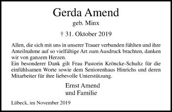 Traueranzeige von Gerda Amend von Lübecker Nachrichten
