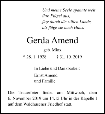 Traueranzeige von Gerda Amend von Lübecker Nachrichten