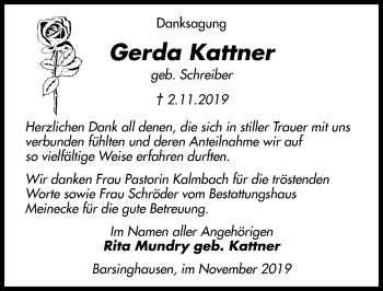 Traueranzeige von Gerda Kattner von Hannoversche Allgemeine Zeitung/Neue Presse