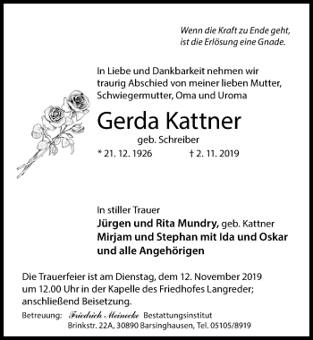 Traueranzeige von Gerda Kattner von Hannoversche Allgemeine Zeitung/Neue Presse