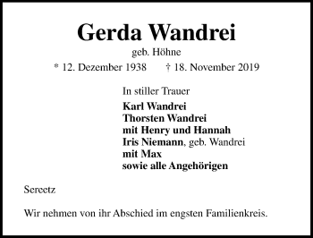Traueranzeige von Gerda Wandrei von Lübecker Nachrichten