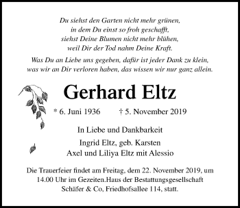 Traueranzeige von Gerhard Eltz von Lübecker Nachrichten