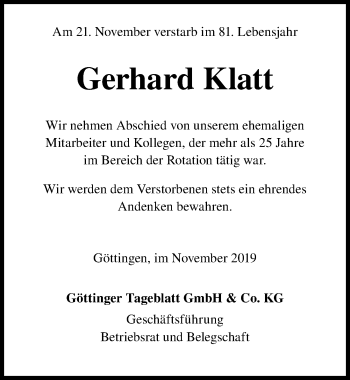 Traueranzeige von Gerhard Klatt von Göttinger Tageblatt