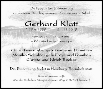 Traueranzeige von Gerhard Klatt von Göttinger Tageblatt