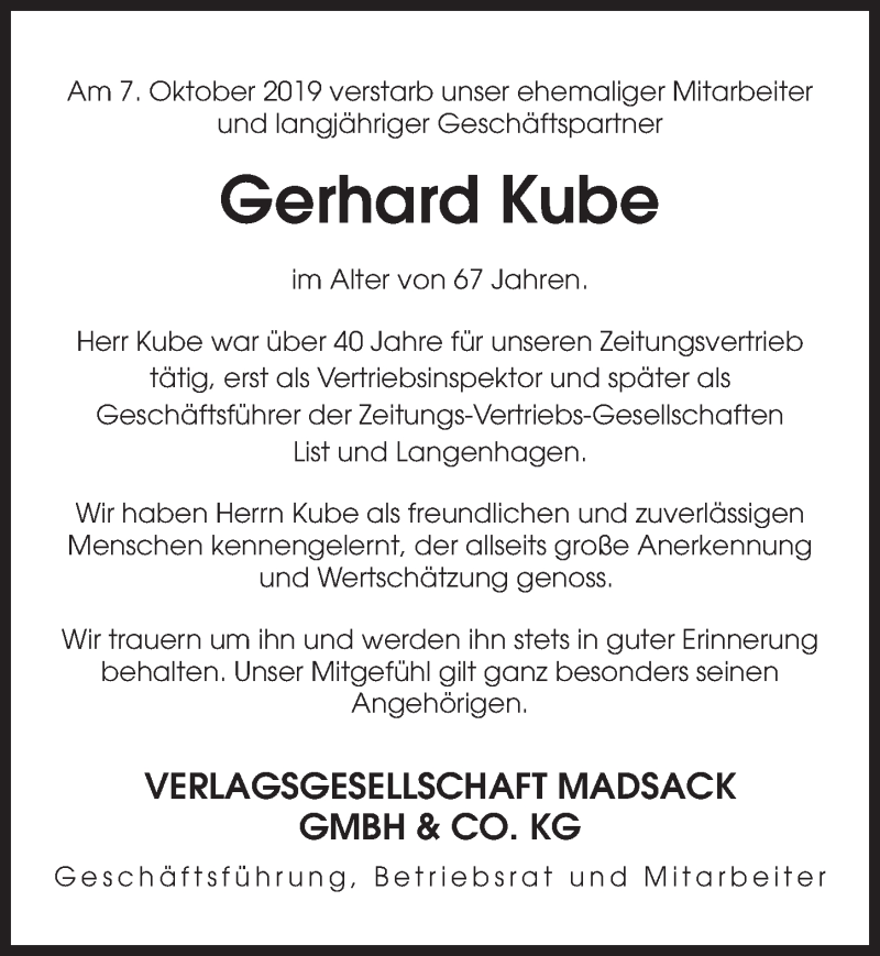  Traueranzeige für Gerhard Kube vom 02.11.2019 aus Hannoversche Allgemeine Zeitung/Neue Presse