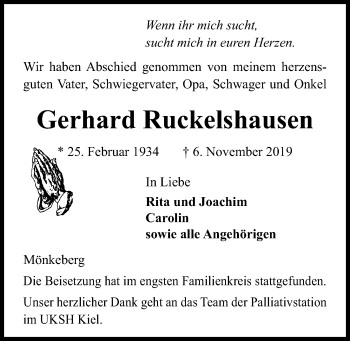 Traueranzeige von Gerhard Ruckelshausen von Kieler Nachrichten