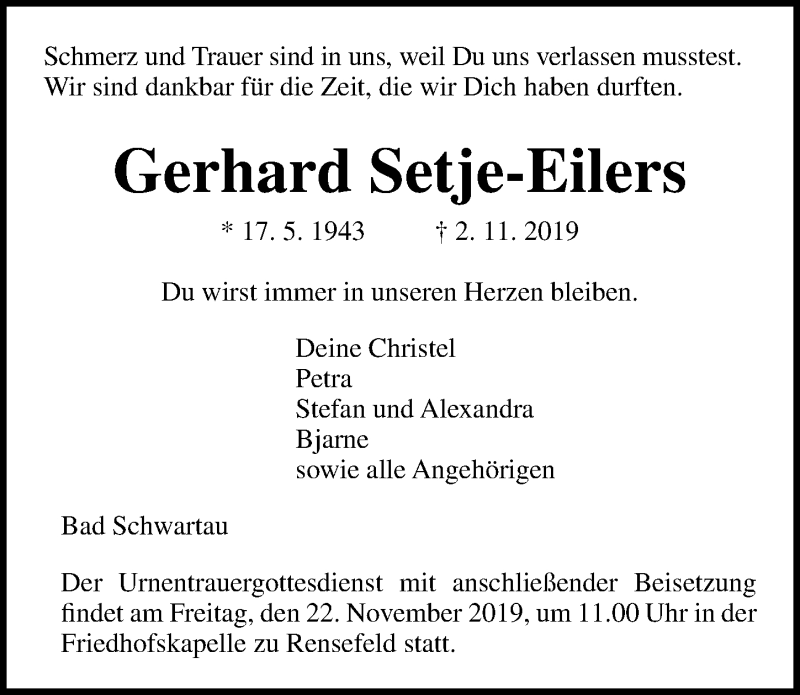  Traueranzeige für Gerhard Setje-Eilers vom 17.11.2019 aus Lübecker Nachrichten