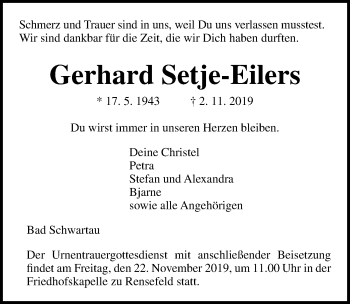 Traueranzeige von Gerhard Setje-Eilers von Lübecker Nachrichten