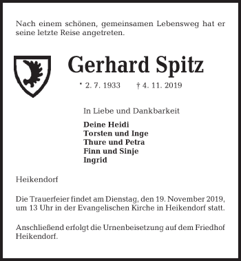 Traueranzeige von Gerhard Spitz von Kieler Nachrichten