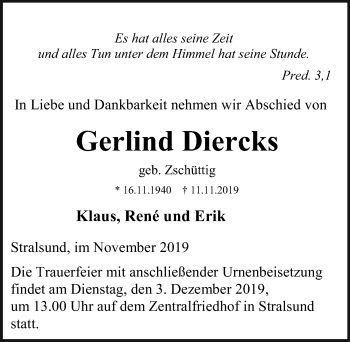 Traueranzeige von Gerlind Diercks von Ostsee-Zeitung GmbH