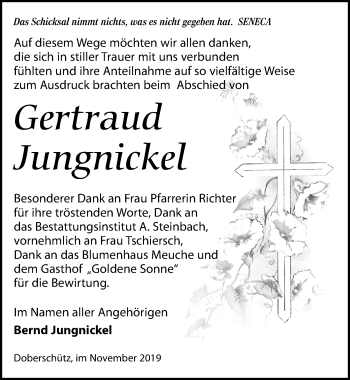 Traueranzeige von Gertraud Jungnickel von Leipziger Volkszeitung