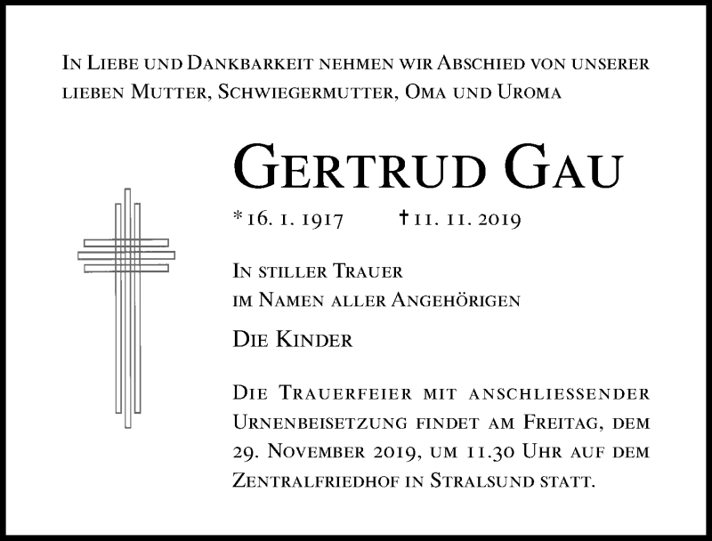  Traueranzeige für Gertrud Gau vom 16.11.2019 aus Ostsee-Zeitung GmbH