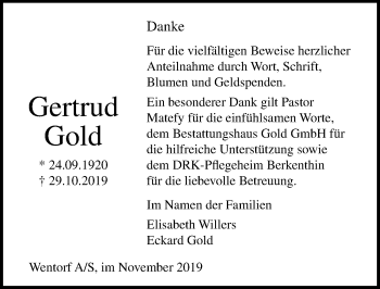 Traueranzeige von Gertrud Gold von Lübecker Nachrichten