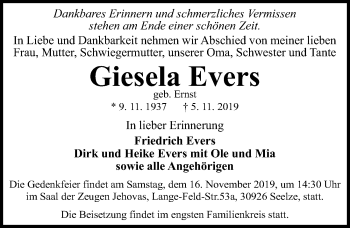 Traueranzeige von Giesela Evers von Hannoversche Allgemeine Zeitung/Neue Presse