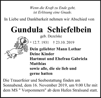 Traueranzeige von Gundula Schiefelbein von Ostsee-Zeitung GmbH