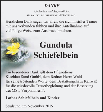 Traueranzeige von Gundula Schiefelbein von Ostsee-Zeitung GmbH