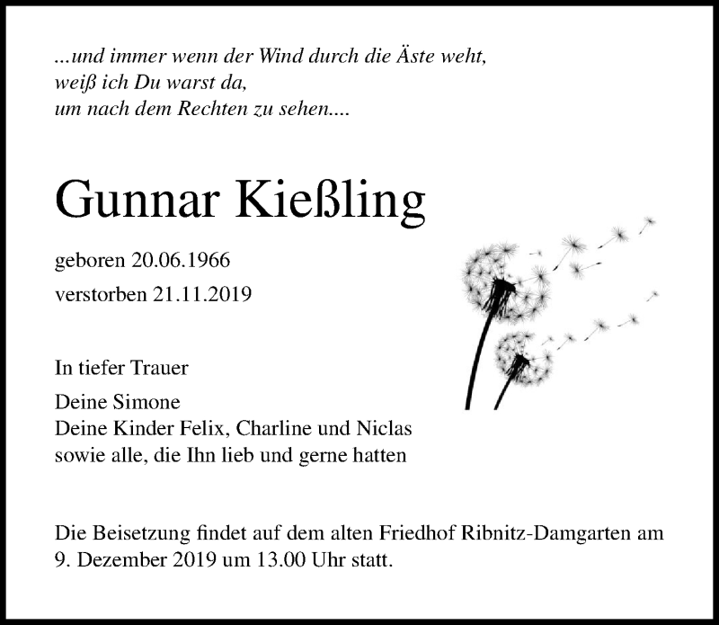  Traueranzeige für Gunnar Kießling vom 30.11.2019 aus Ostsee-Zeitung GmbH