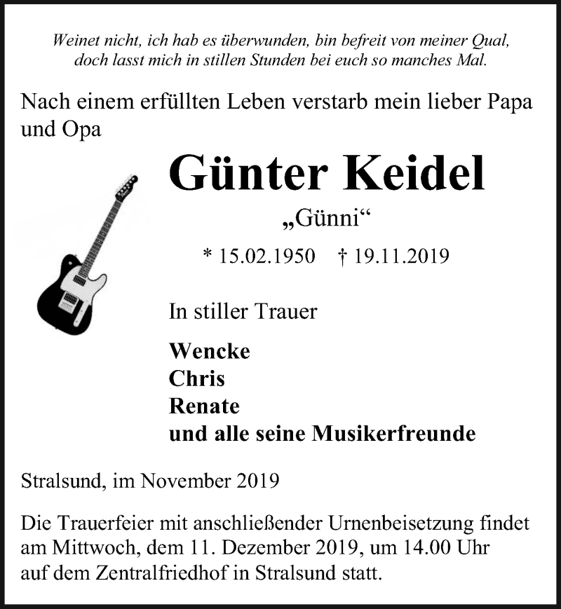  Traueranzeige für Günter Keidel vom 30.11.2019 aus Ostsee-Zeitung GmbH