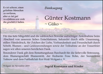 Traueranzeige von Günter  Kostmann von Ostsee-Zeitung GmbH