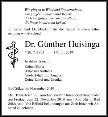 Traueranzeige von Günther Huisinga von Ostsee-Zeitung GmbH