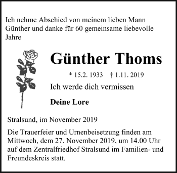 Traueranzeige von Günther Thoms von Ostsee-Zeitung GmbH