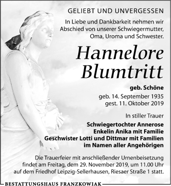 Traueranzeige von Hannelore Blumtritt von Leipziger Volkszeitung