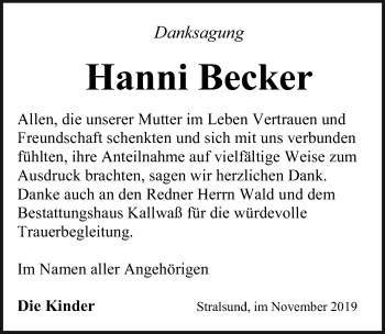 Traueranzeige von Hanni Becker von Ostsee-Zeitung GmbH