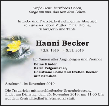 Traueranzeige von Hanni Becker von Ostsee-Zeitung GmbH