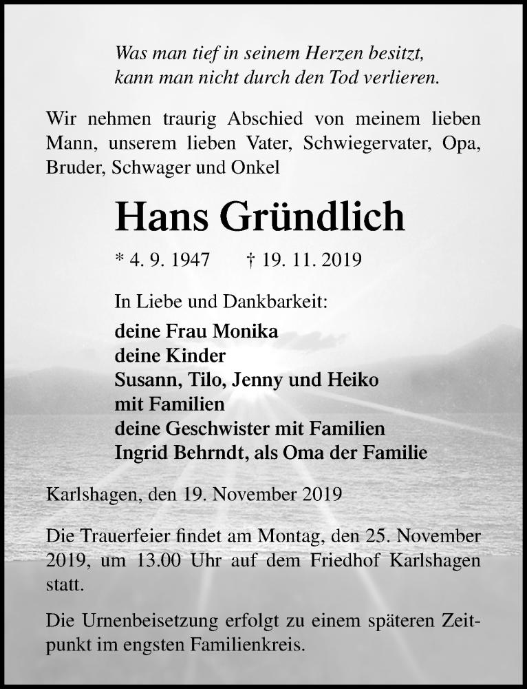  Traueranzeige für Hans Gründlich vom 22.11.2019 aus Ostsee-Zeitung GmbH